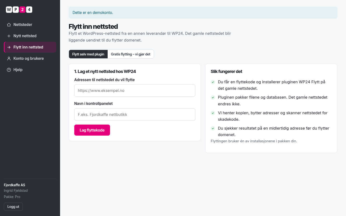 Gratis flytting i WP24-kontrollpanelet