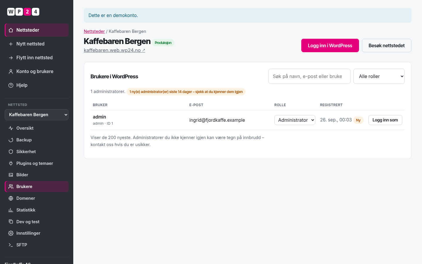 WordPress-brukere i WP24-kontrollpanelet