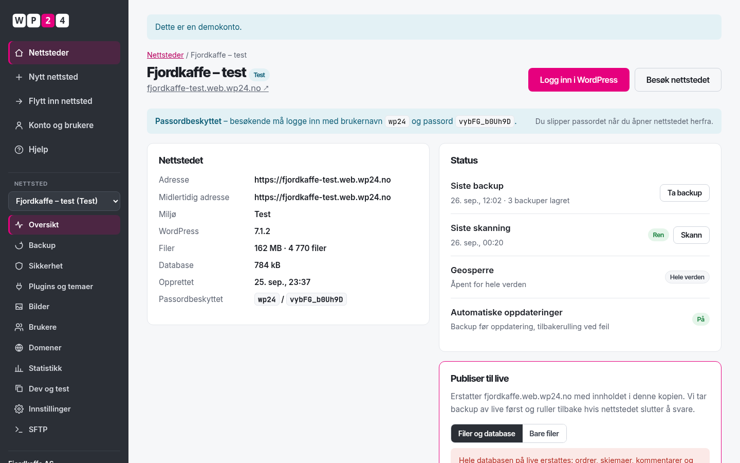Testkopi av en nettbutikk med passord og «Publiser til live» i WP24