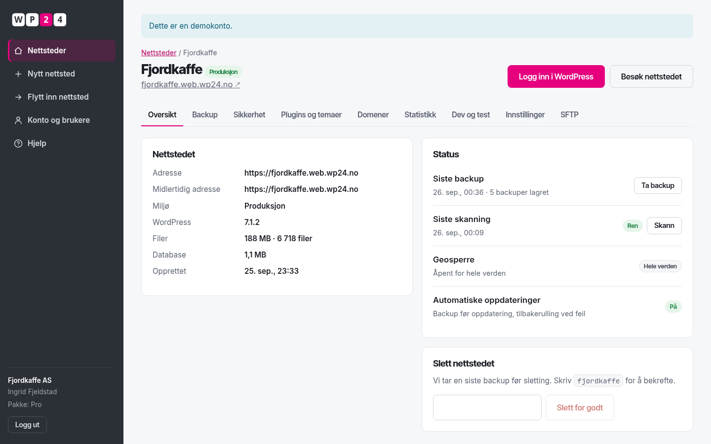 Detaljside for et WordPress-nettsted i WP24 med domener, versjon, lagring og snarveier til backup, kloning og innlogging