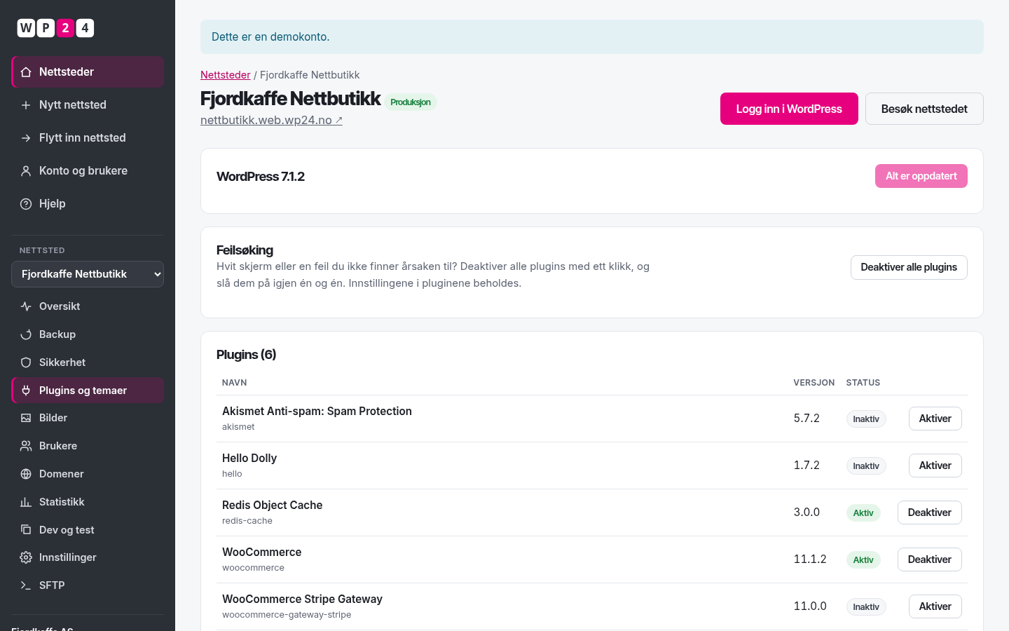 WooCommerce og andre plugins for en nettbutikk i WP24-kontrollpanelet